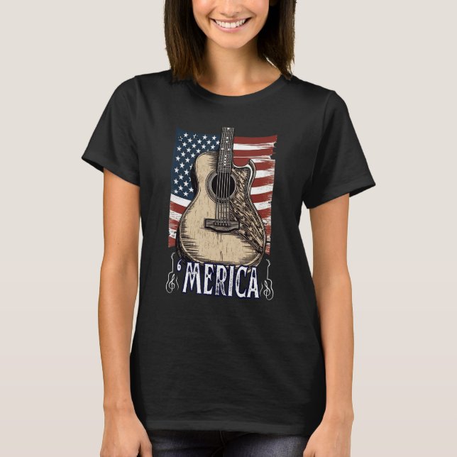 Camiseta Guitarra, 4 de julho, Merica American Flag USA Cou (Frente)