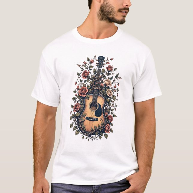 Camiseta guitarra com design de rosa florescente (Frente)