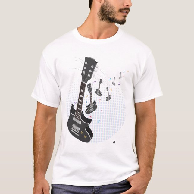 Camiseta Guitarra com notas musicais e modelos de ponto (Frente)