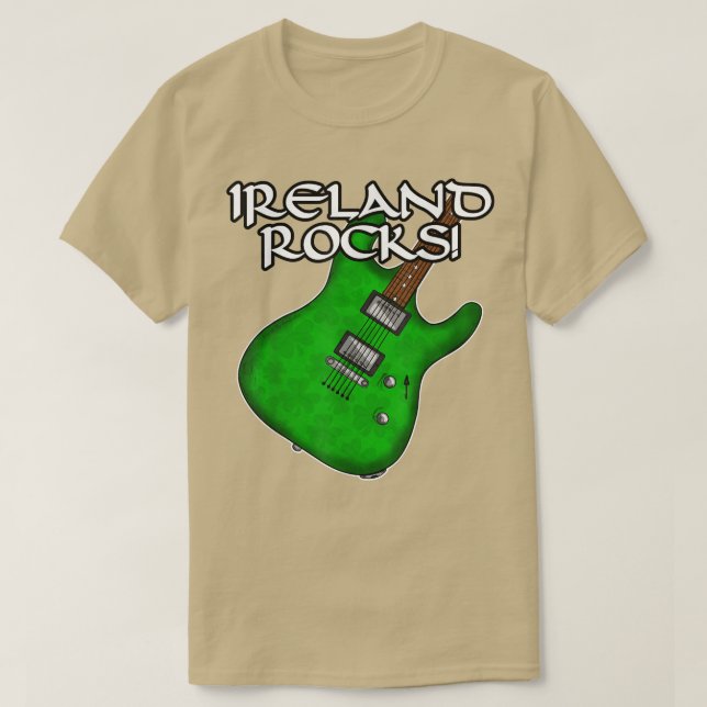 Camiseta Guitarra Dia de São Patrício Irlanda Rochas Elétri (Frente do Design)