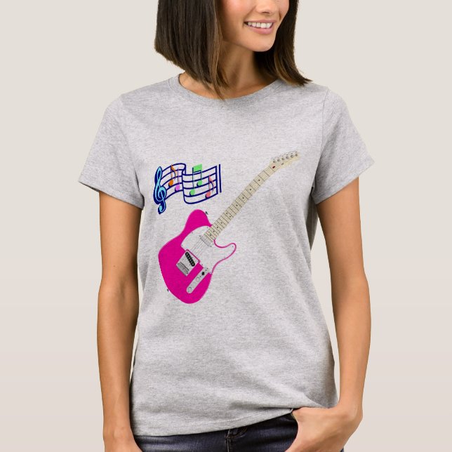 Camiseta Guitarra Rosada Con Notas Musicales (Frente)
