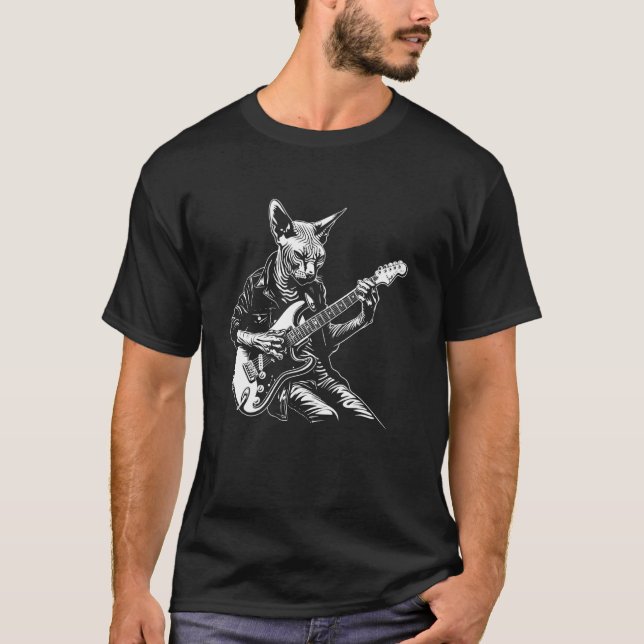 Camiseta Guitarrista de Gato - Mãe Pai Sphynx (Frente)