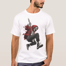 Camiseta Guitarrista Esqueleto com Capuz Vermelho em Ação d