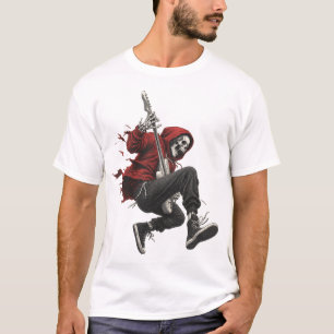 Camiseta Guitarrista Esqueleto com Capuz Vermelho em Ação d