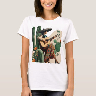Camiseta Guitarrista feminina em ação"