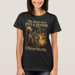 Camiseta Guitarrista Tempo Gasto com Gatos e Guitarras não