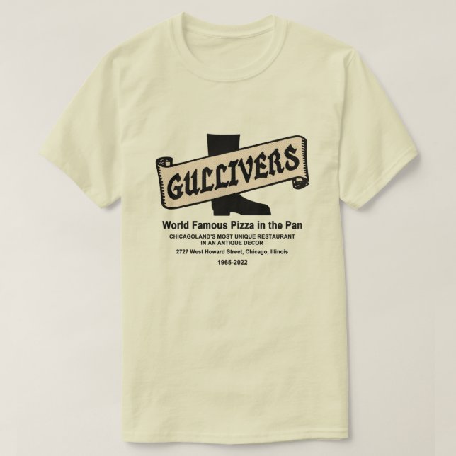 Camiseta Gullivers Pizza & Restaurant, Chicago (Frente do Design)