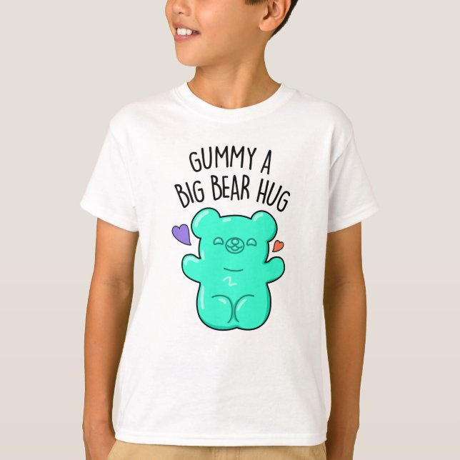 Camiseta Gummy Um Urso Grande Abraçando Doces Engraçados (Frente)