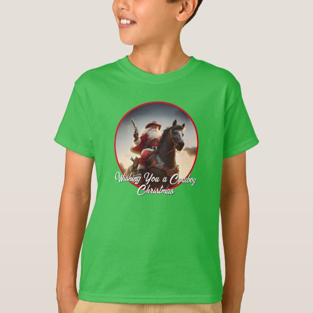 Camiseta Gunslinger Santa Claus Andando Cavalo no Natal (Frente)