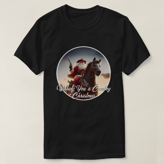 Camiseta Gunslinger Santa Claus Andando Cavalo no Natal (Frente do Design)