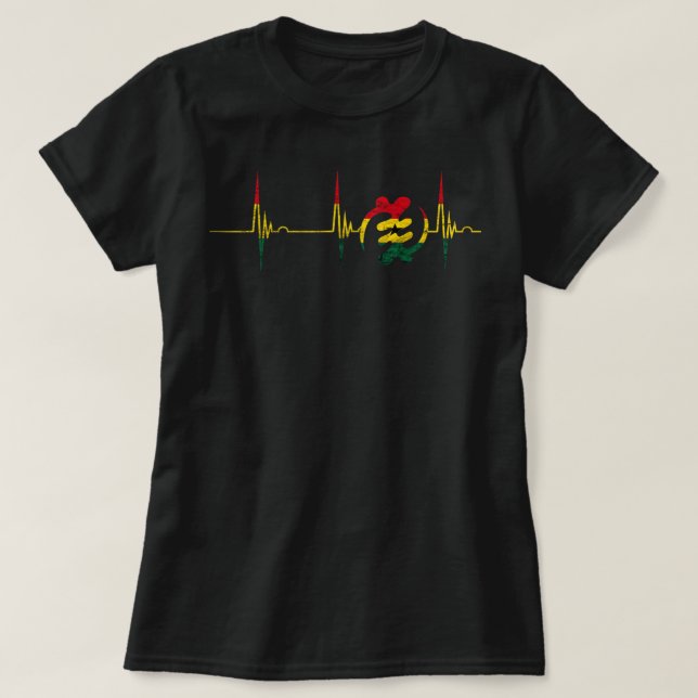 Camiseta Gye Nyame Adinkra Símbolo Gana Flag Heartbeat EKG (Frente do Design)