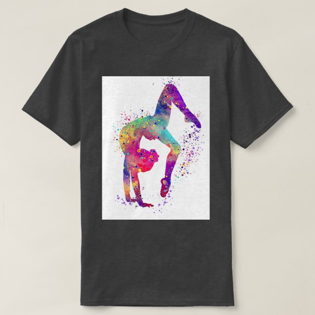 Camiseta Gymnastics Girl Tumbindo Colorida Watercolor Art G (Frente do Design)