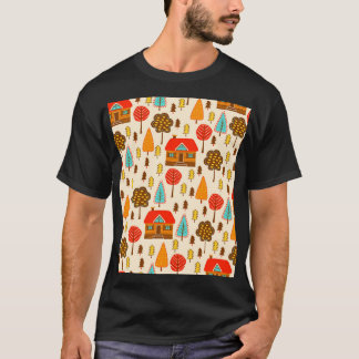 Camiseta Habitações, Floresta Vintage, Padrão Sem Costura