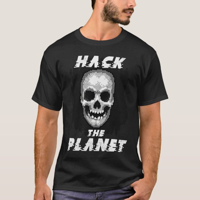 Camiseta Hack The Planet Retro Pixel Computer Skull Graphic (Frente)