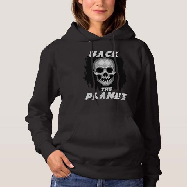 Camiseta Hack The Planet Retro Pixel Computer Skull Graphic (Frente)