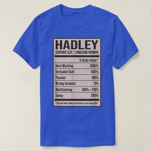 Camiseta Hadley Nutritrition Facts Name Alias Título F (Frente do Design)