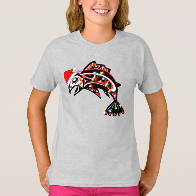 Camiseta Haida Salmon Spirit Animal Com Luzes De Natal (Frente)