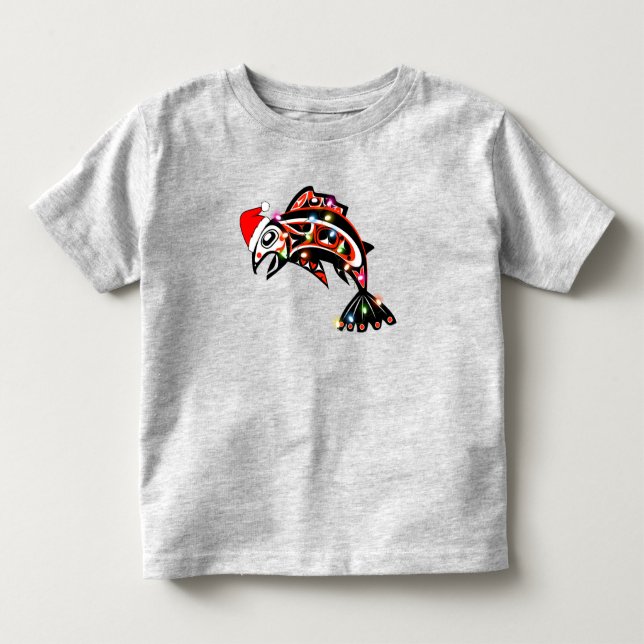 Camiseta Haida Salmon Spirit Animal Com Luzes De Natal (Frente)
