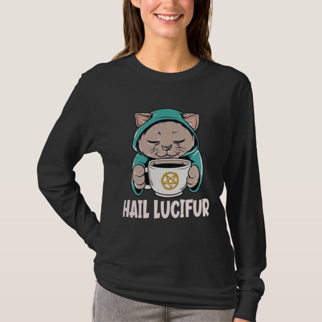 Camiseta Hail Lucifur Cute Occult Satanic Hail Satan Cat (Frente)