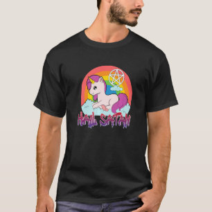 Camiseta hail Satã unicórnio texto humor feliz jo