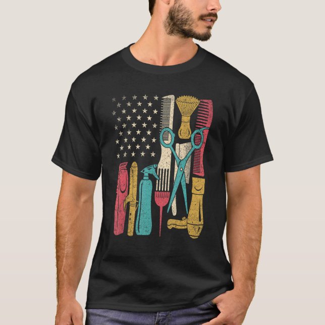 Camiseta Hairstylist Tools USA Flag Haircutter Barber Hair (Frente)