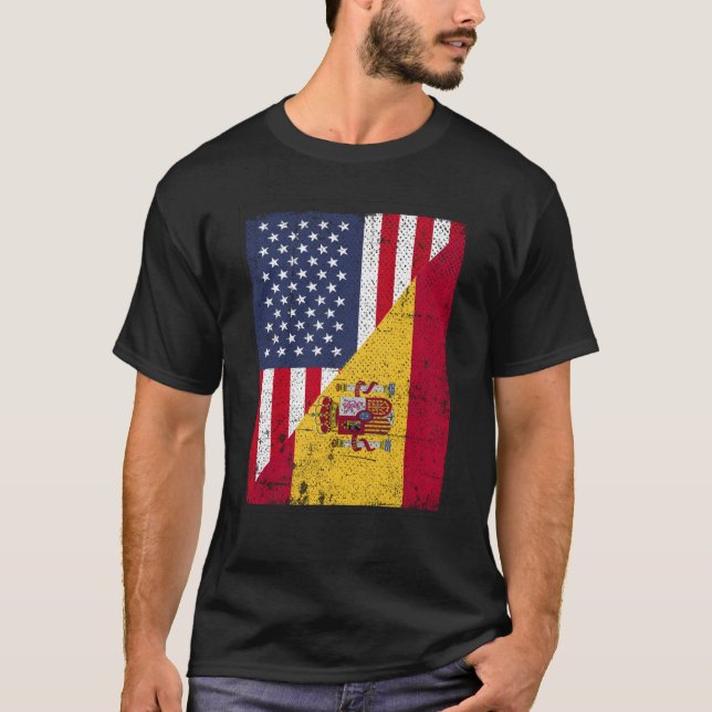Camiseta Half USA Flag Half Espanha Flag American (Frente)