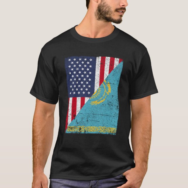 Camiseta Half USA Flag Half Kazakhstan Flag American Kasach (Frente)