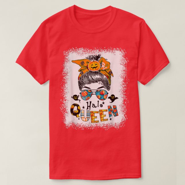 Camiseta Hallo Queen Messy Bun Witch Pumpkin O Lantern Hall (Frente do Design)