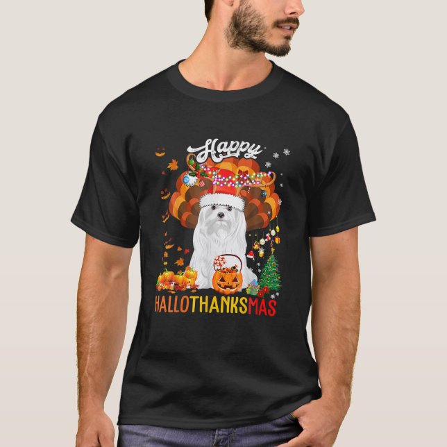 Camiseta Hallothanksmas Papais noeis Turquia Pumpkin Maltês (Frente)