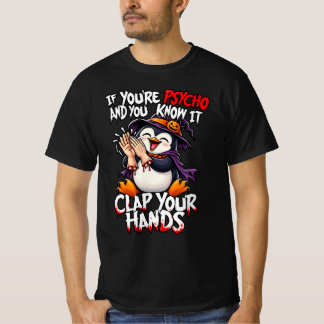 Camiseta Halloween 2026 Pinguim Psicótico Batendo Palmas