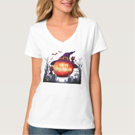 Camiseta Halloween - Abóbora, Chapéu de Bruxas e Gatos Negr