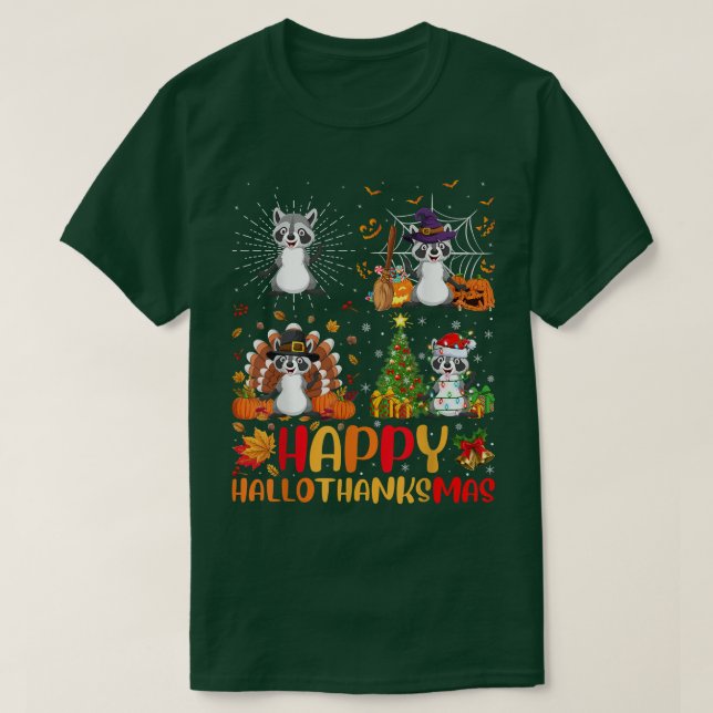 Camiseta Halloween Ação de Graças Raccoon de Natal Hallotha (Frente do Design)