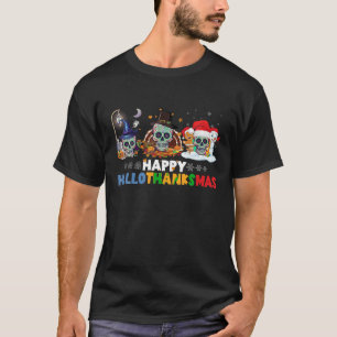 Camiseta Halloween Ação de Graças Xmas Happy Hallothanksmas