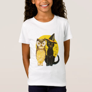 Camiseta Halloween antigo, gato preto e coruja