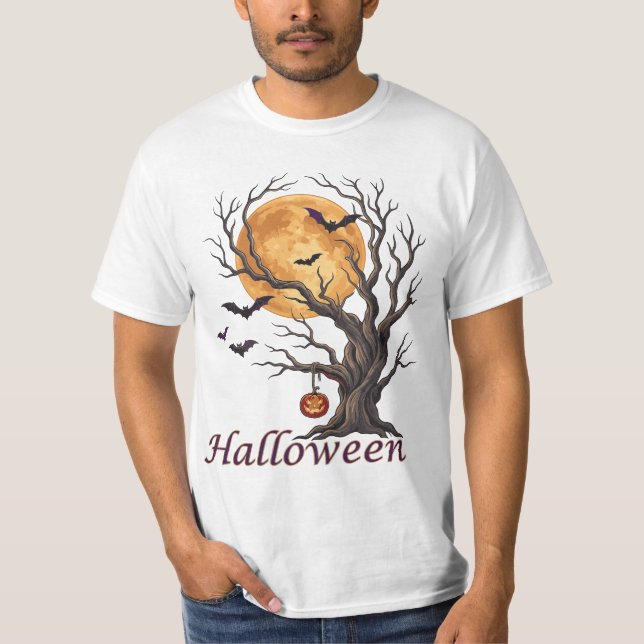 Camiseta Halloween Árvore e Abóbora Jack-o'-Lanter (Frente)