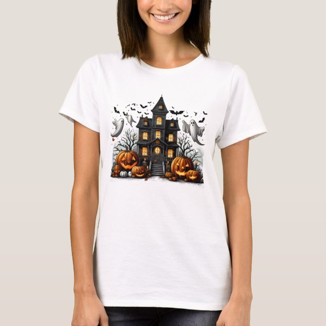 Camiseta Halloween assustador com abóboras e fantasmas (Frente)