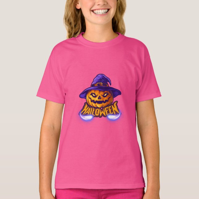 Camiseta Halloween - Assustador da menina Jack O’ Lanterna (Frente)