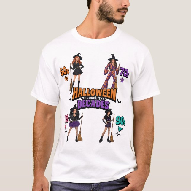 Camiseta Halloween Através das Décadas Bruxas Retrô (Frente)