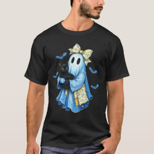 Camiseta Halloween Azul Gato Preto Remendo Fantasma Denim P