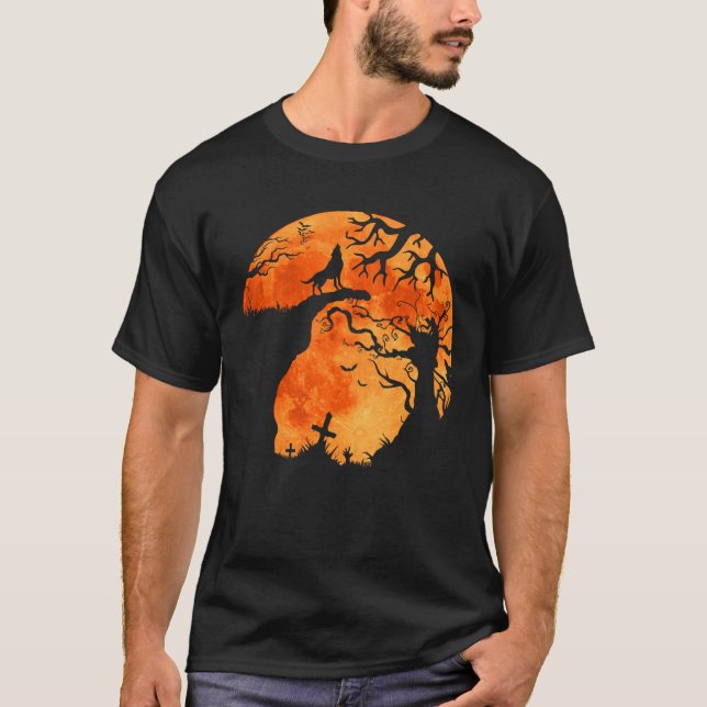 Camiseta Halloween Bats e Lobo Negro Howling Lua (Frente)