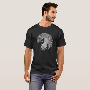 Camiseta Halloween Bats e Lobo Negro Howling Lua Cheia