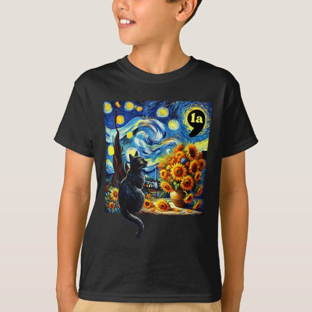 Camiseta Halloween Black Cat Comma La Starry Night Art Kama (Frente)