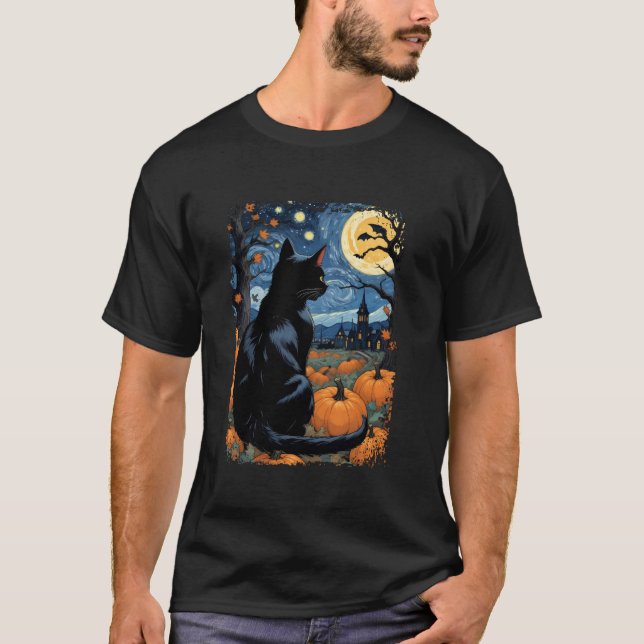 Camiseta Halloween Black Cat Costume Starry Night Moon Autu (Frente)