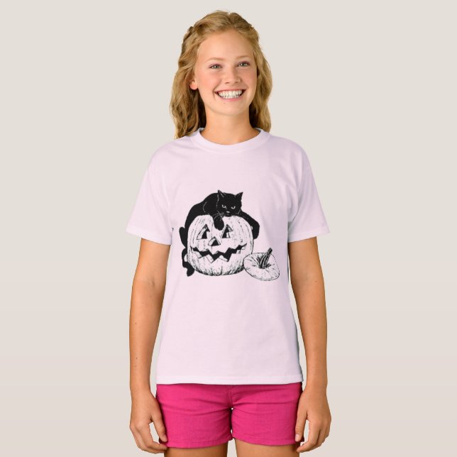Camiseta Halloween Black Cat e Jack o'Lantern Childrens (Frente Completa)