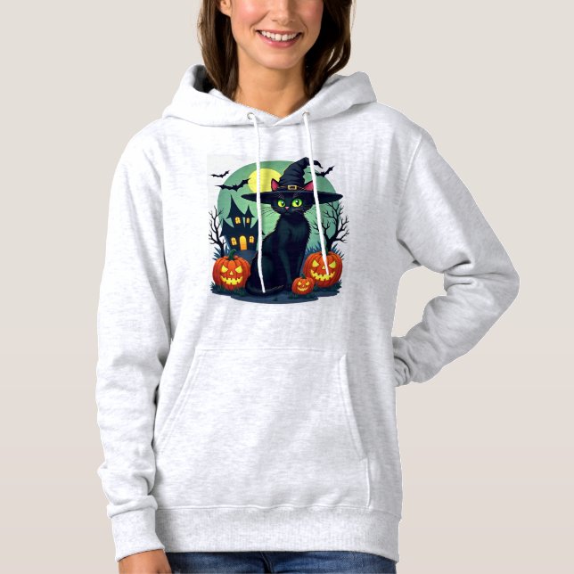 Camiseta Halloween Black Cat Hat Spooky Cat and Pumpkin Gra (Frente)