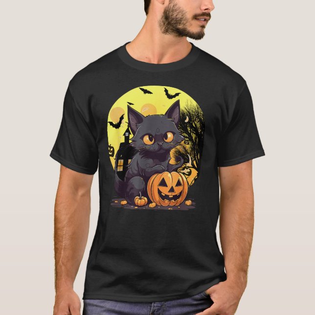 Camiseta Halloween Black Cat Haunted Mansion Happy Hallowee (Frente)
