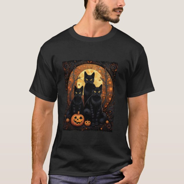 Camiseta Halloween Black Cat Van Gogh Witch Kawaii Pumpkin  (Frente)
