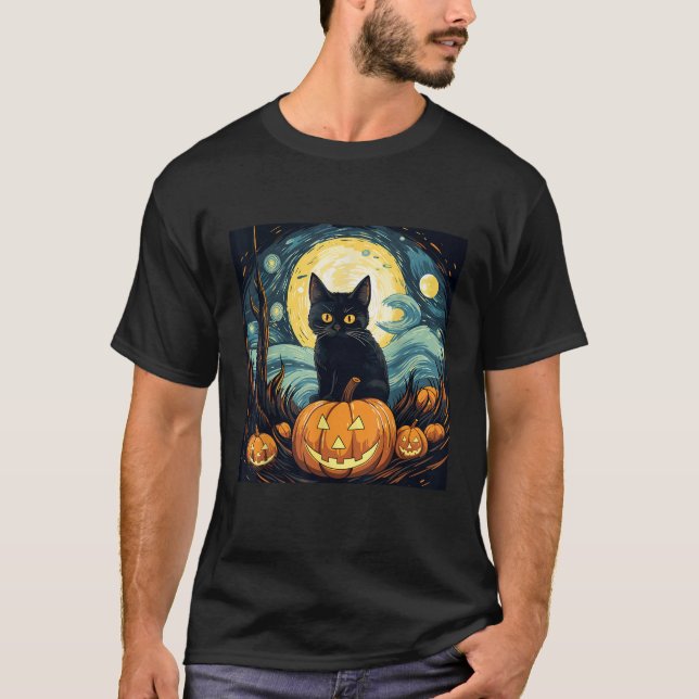 Camiseta Halloween Black Cat Van Gogh Witch Starry Night Ar (Frente)