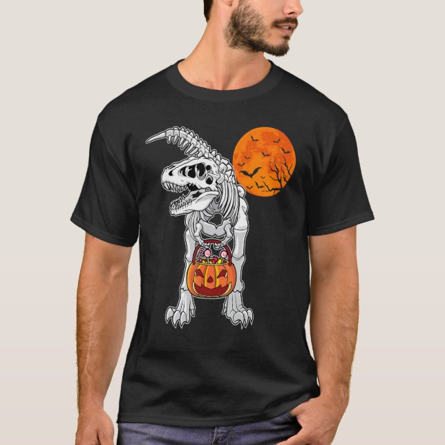 Camiseta Halloween Boys Dinosaur Skeleton Rex Scary Pumpkin (Frente)