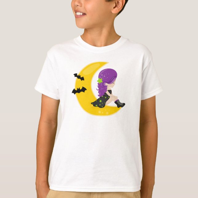 Camiseta Halloween, Bruxa Na Lua, Bat, Truque Ou Tratamento (Frente)
